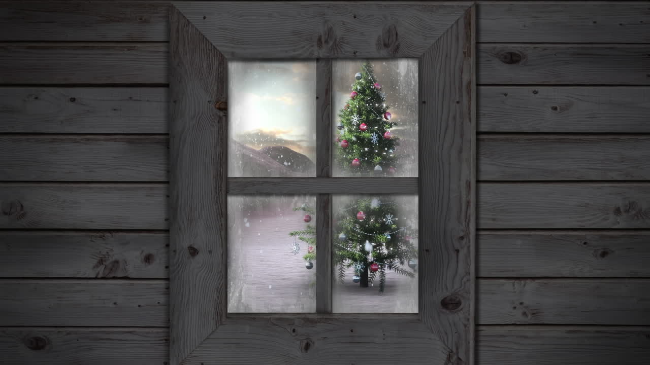 겨울 풍경에 크리스마스 트리 위에 내리는 눈에 대한 나무 창문 프레임