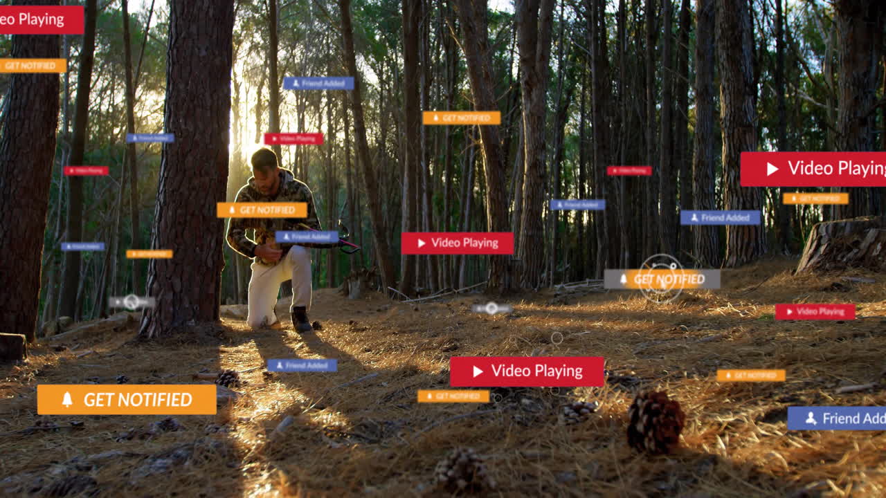 Man kneeling and handling drone in pine forest tech demo showing floating notification overlays