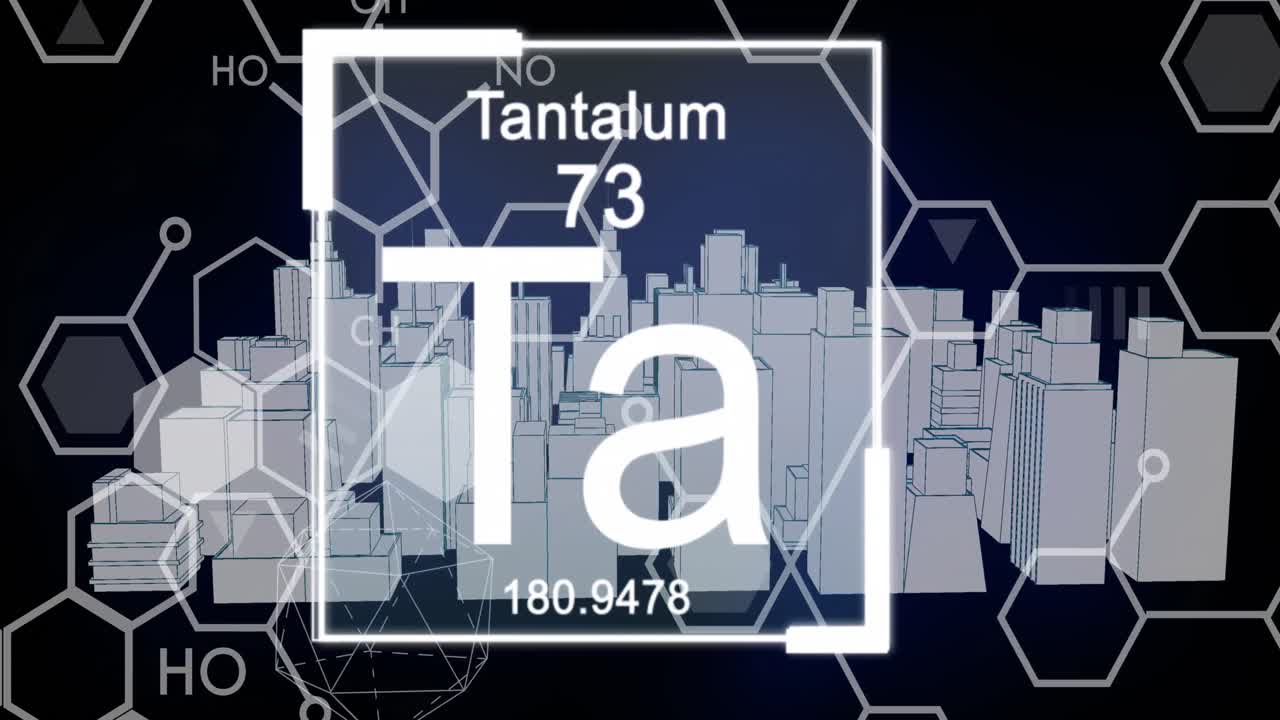 검은색 배경에 디지털 도시 위의 요소와 함께 화학 공식의 애니메이션