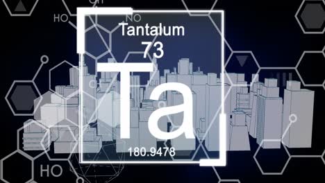 animación de la fórmula química con elementos sobre la ciudad digital en fondo negro.