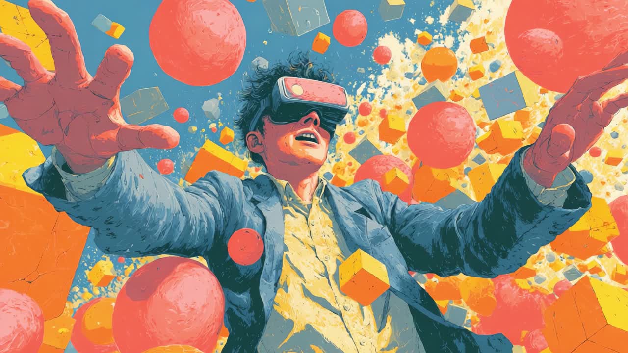 An Exciting Journey into Virtual Reality: A Young Man Engages in an Immersive Experience Surrounded by Colorful Geometric Shapes and Bouncing Spheres, Embracing the Thrill of Digital Adventure