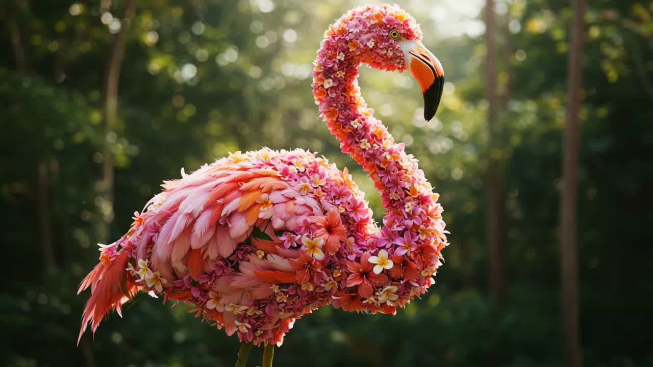 A Stunning Floral Flamingo Sculpture Adorned with Vibrant Pink Flowers and Natural Greenery, Capturing the Essence of Art and Nature in Harmony