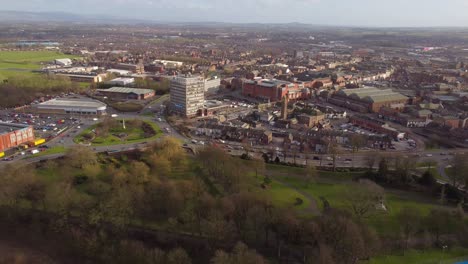 drone retreating from carlisle city centre to reveal river eden, cumbria, england