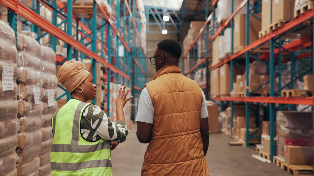 Logistics Professionals Discussing Inventory in a Large Warehouse