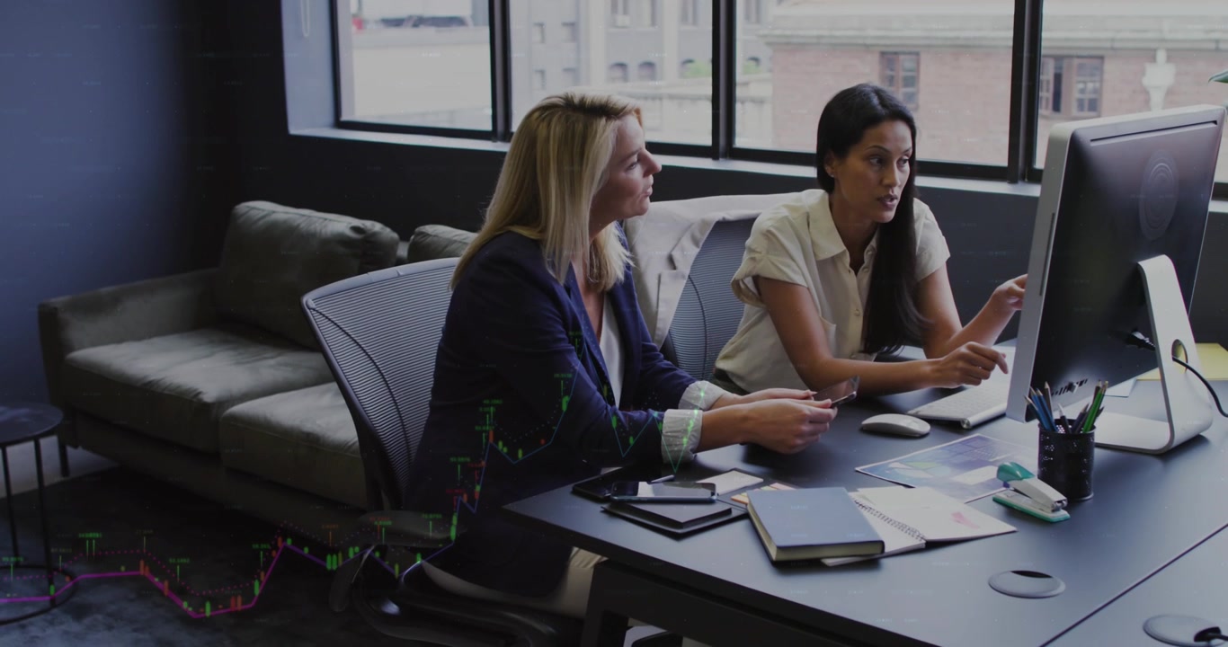 Animation of financial data processing over diverse business people at office