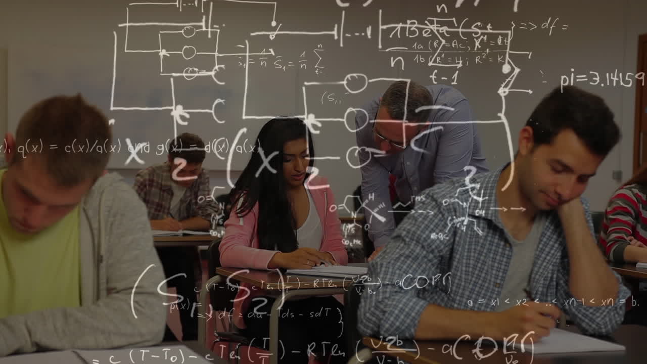 Teacher explaining something to a student in the classroom