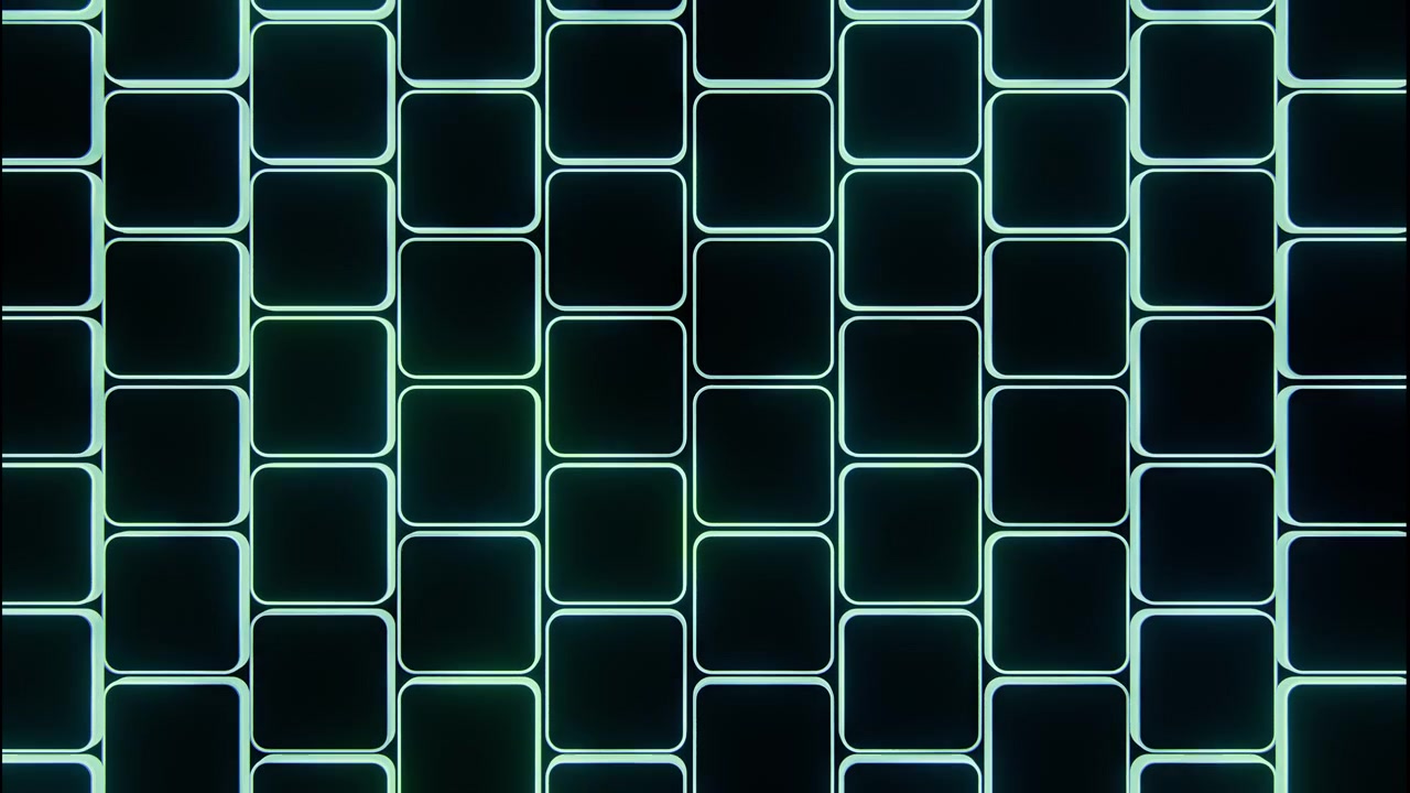 Head-on view of recessed rounded rectangular panels in staggered grid, cyan and pale green outlines glowing with gradual brightening that spreads across surface into uniform luminous display