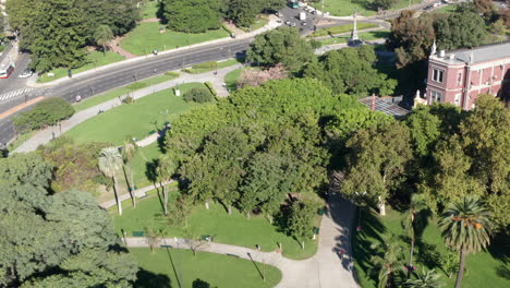 AERIAL---Recoleta-neighborhood,-Buenos-Aires,-Argentina,-wide-lowering-tilt-up