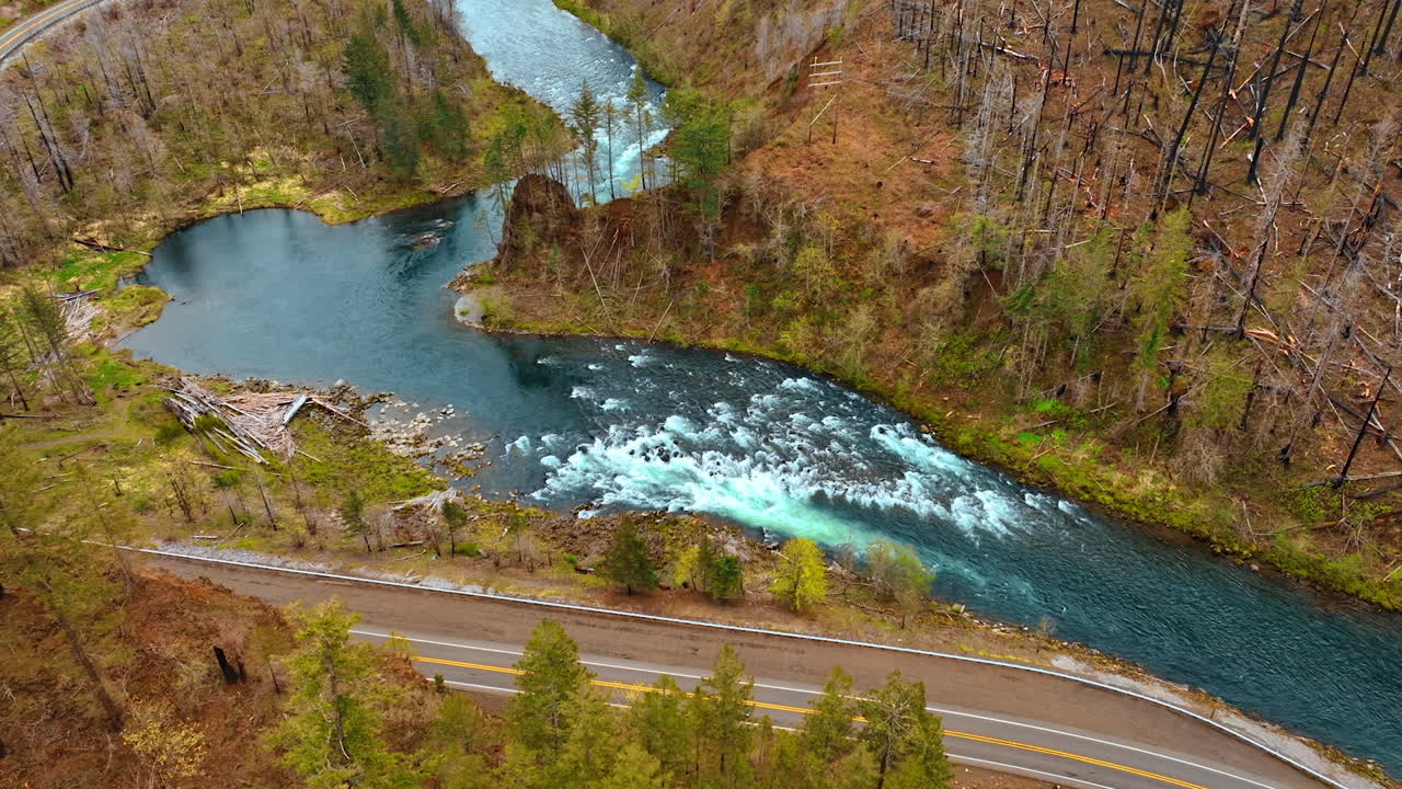 View of the rapids in the mountainous river. Drone descends above the pine trees and highway at the foot of the mount.