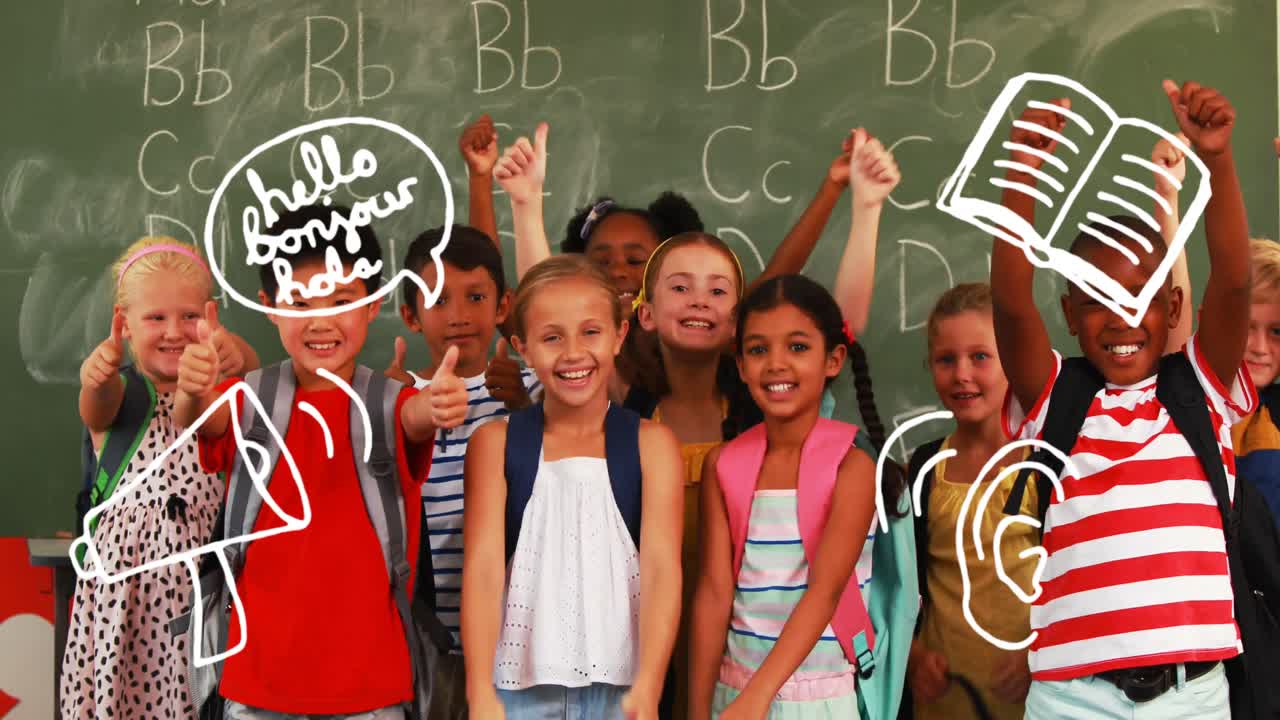 엄지 손가락을 올리는 학생들의 그룹에 대한 학교 개념 아이콘