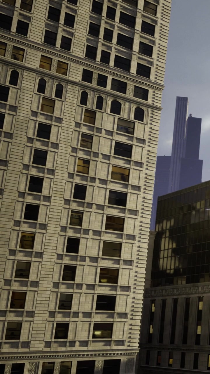 Edificio inclinado en un entorno urbano con altos rascacielos detrás
