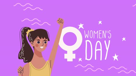 feliz día de la mujer tarjeta de letras con chica linda levantando la mano
