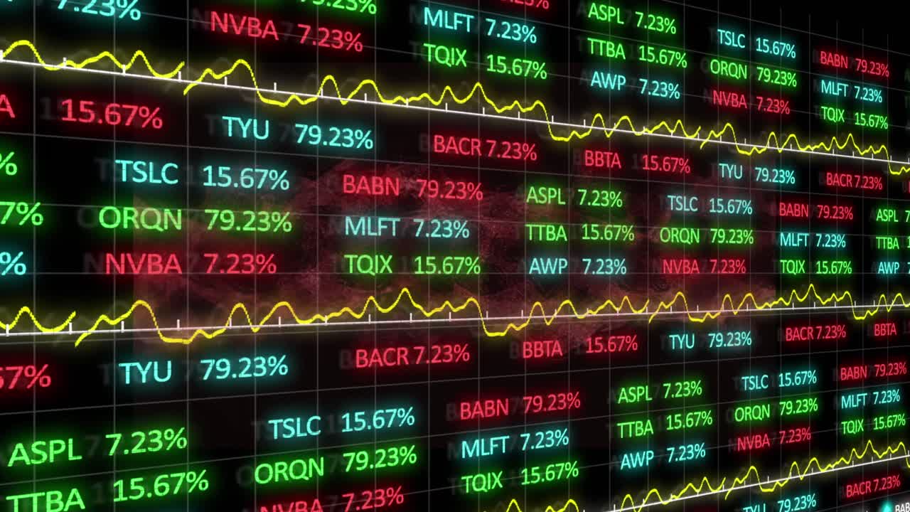Animazione digitale di elaborazione dati di borsa su sfondo di un'onda digitale rossa su sfondo nero.