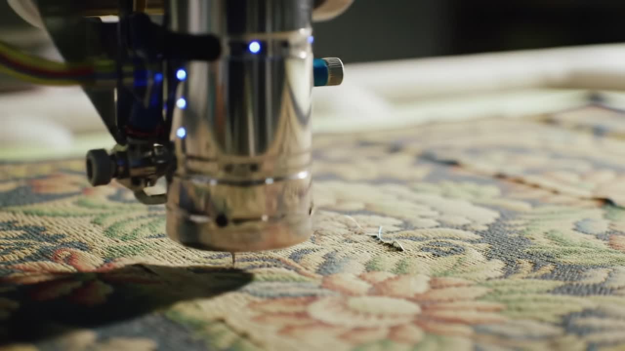 A Focused Look at Advanced Textile Machinery: Precision Stitching on a Beautifully Designed Fabric Featuring Vibrant Floral Patterns