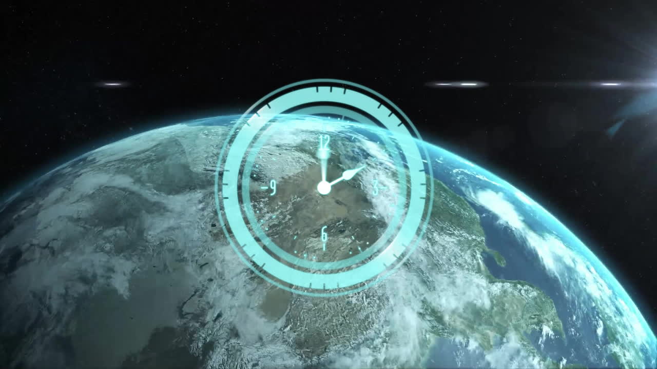 animación de reloj sobre la tierra desde el espacio con luz solar en el fondo