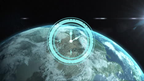 clock animation over earth from space with sunlight in background