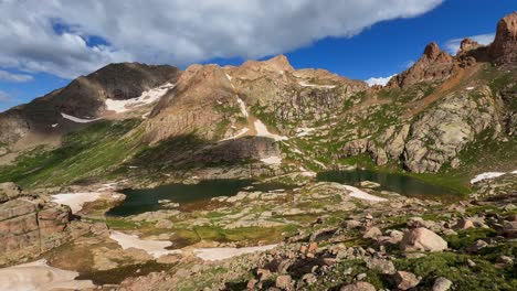 Sonnenlicht-Windom-Peak-Silverton-Sommer-Morgen-Gletscher-Twin-Lakes-Chicago-Becken-Colorado-Silverton-San-Juan-Range-Rocky-Mountains-Schneeschmelze-Mount-Eulos-Fourteeners-Juli-Blauer-Himmel-Sonnig-Pfanne-Rechts