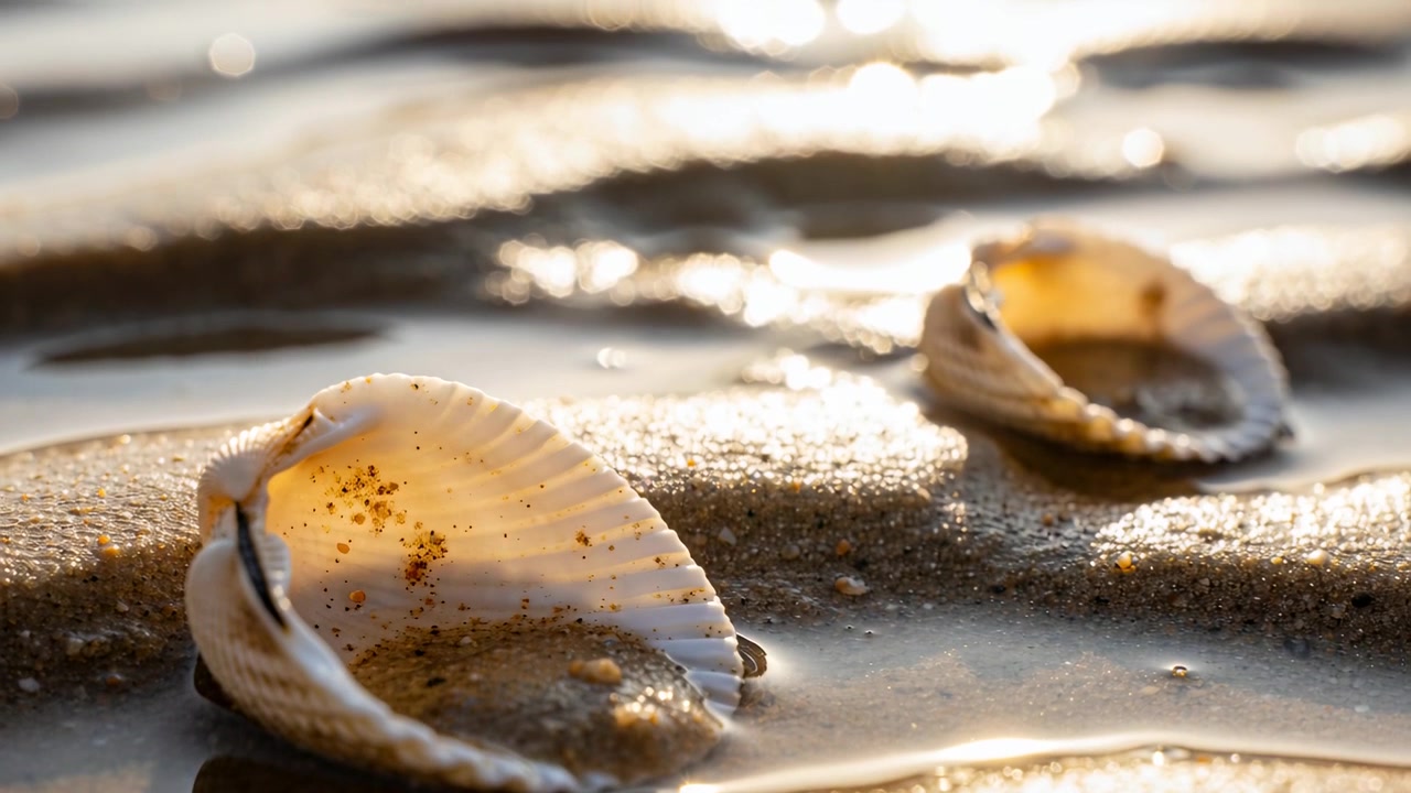 Passing ripple depositing sand inside foreground scallop shell on tidal flat, second shell glinting