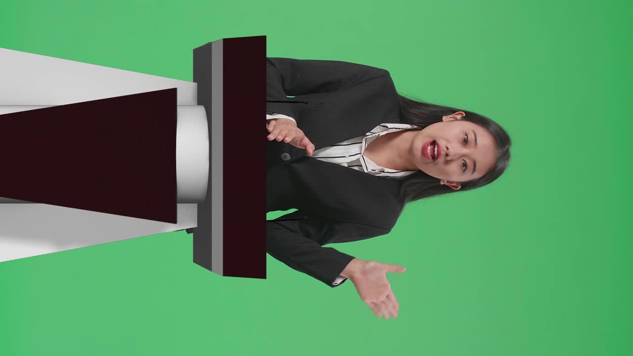 mujer asiática de la organización representante señalando algo mientras hablaba en una conferencia de prensa en el gobierno con pantalla verde