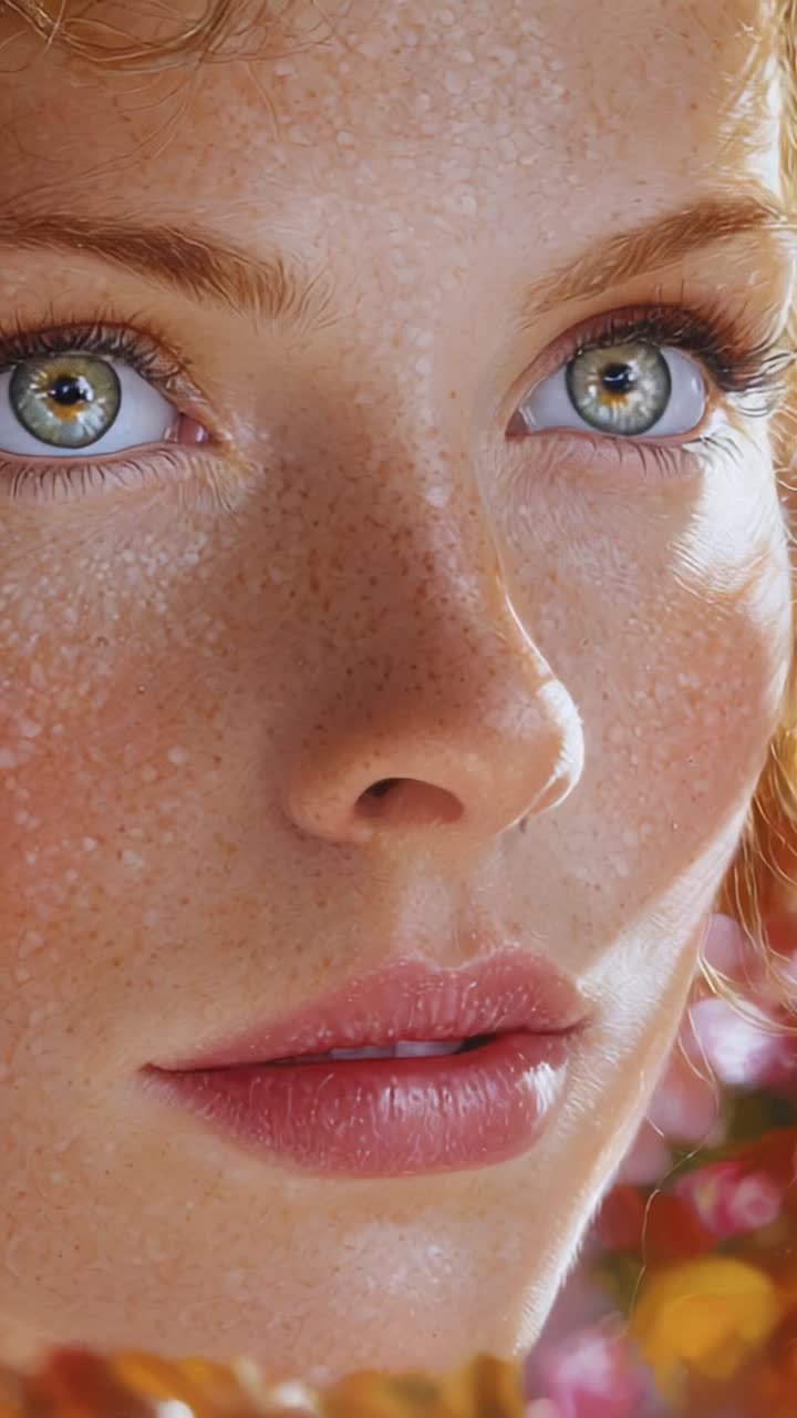 A Striking Portrait of a Young Woman with Captivating Eyes and Freckled Skin Surrounded by Nature's Beauty Showcasing Expressive Features and Vibrant Colors
