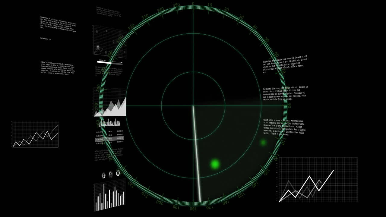 Central radar display being animated in virtual HUD environment, showing green blips and charts