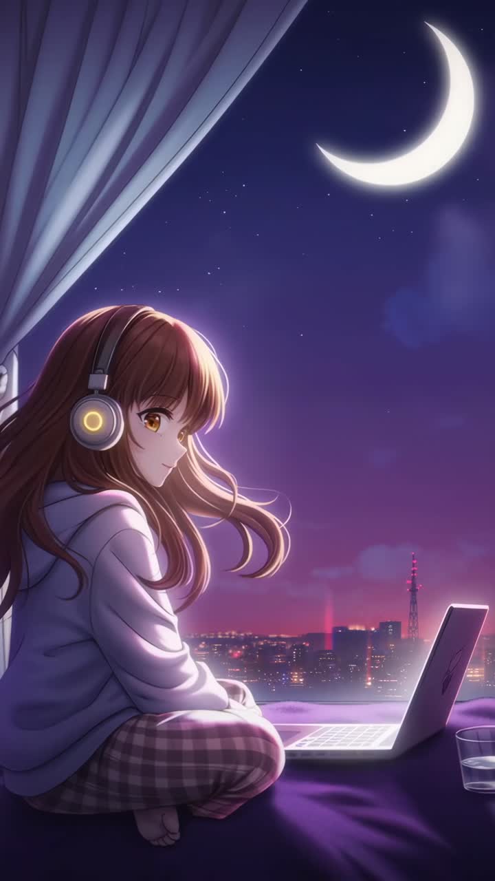 Ragazza anime con cuffie, vista del paesaggio urbano, notte al chiaro di luna Angolazione laterale, atmosfera video accogliente, Live mobile