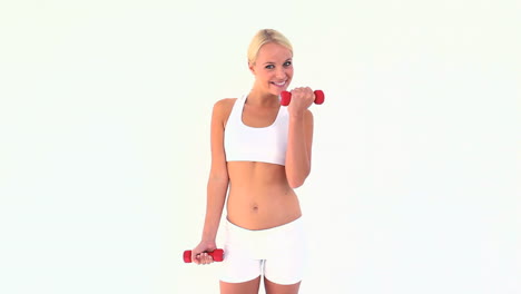 blonde using dumbbells
