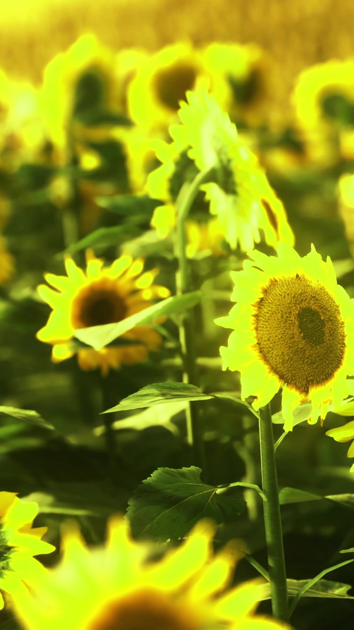 Girasoles florecen bajo la luz brillante del sol en un campo vibrante en verano.
