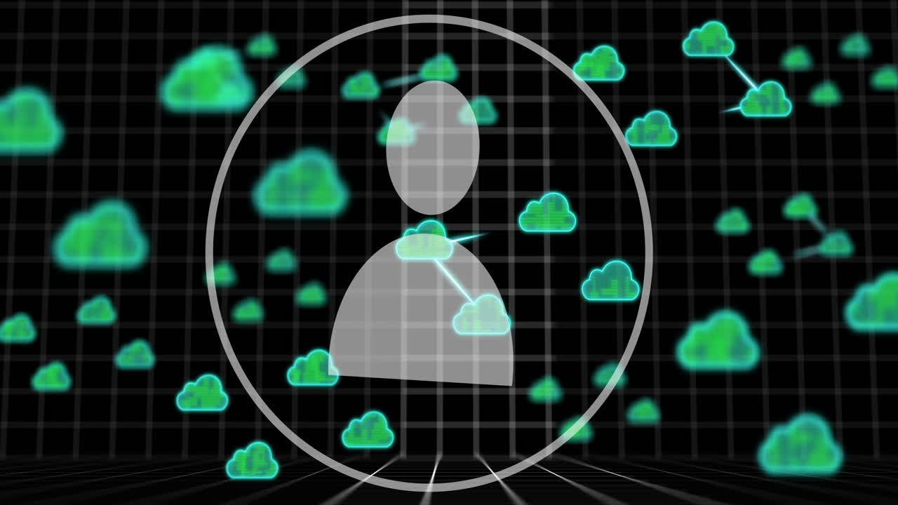 Animation of people icon, data processing and clouds over dark background
