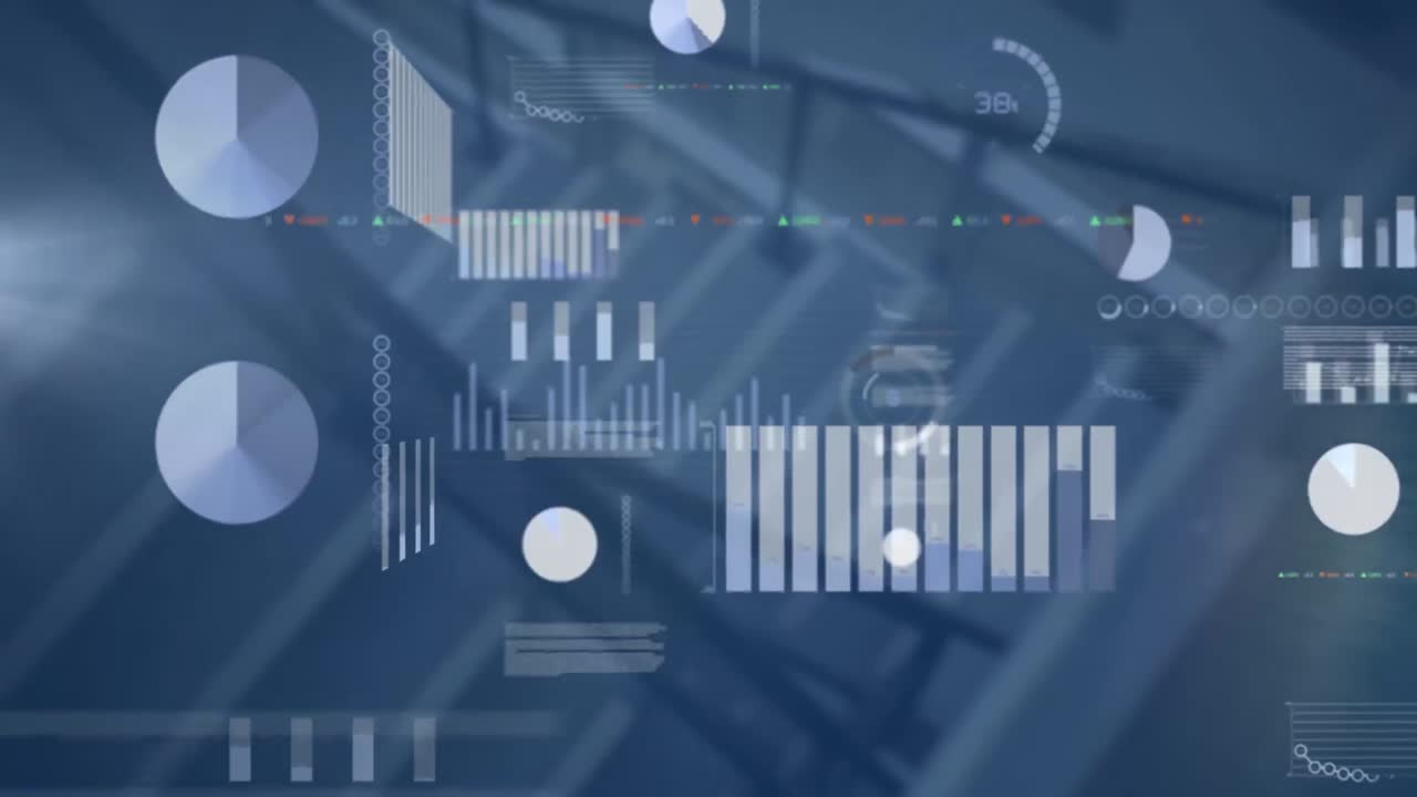 Animation of graphs, trading board and loading circles over high angle view of staircase of building