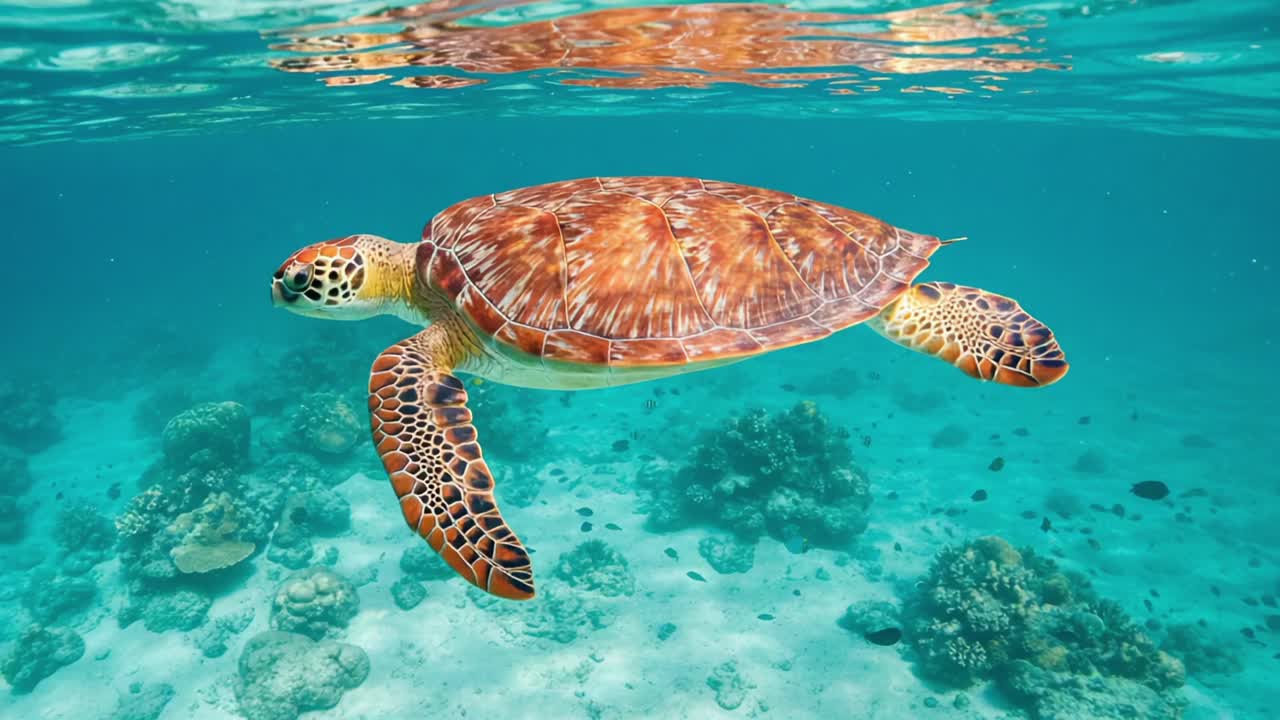 A Majestic Sea Turtle Glides Gracefully Through Crystal Clear Waters Surrounded by Vibrant Coral Reefs, Showcasing the Beauty of Marine Life in Its Natural Habitat