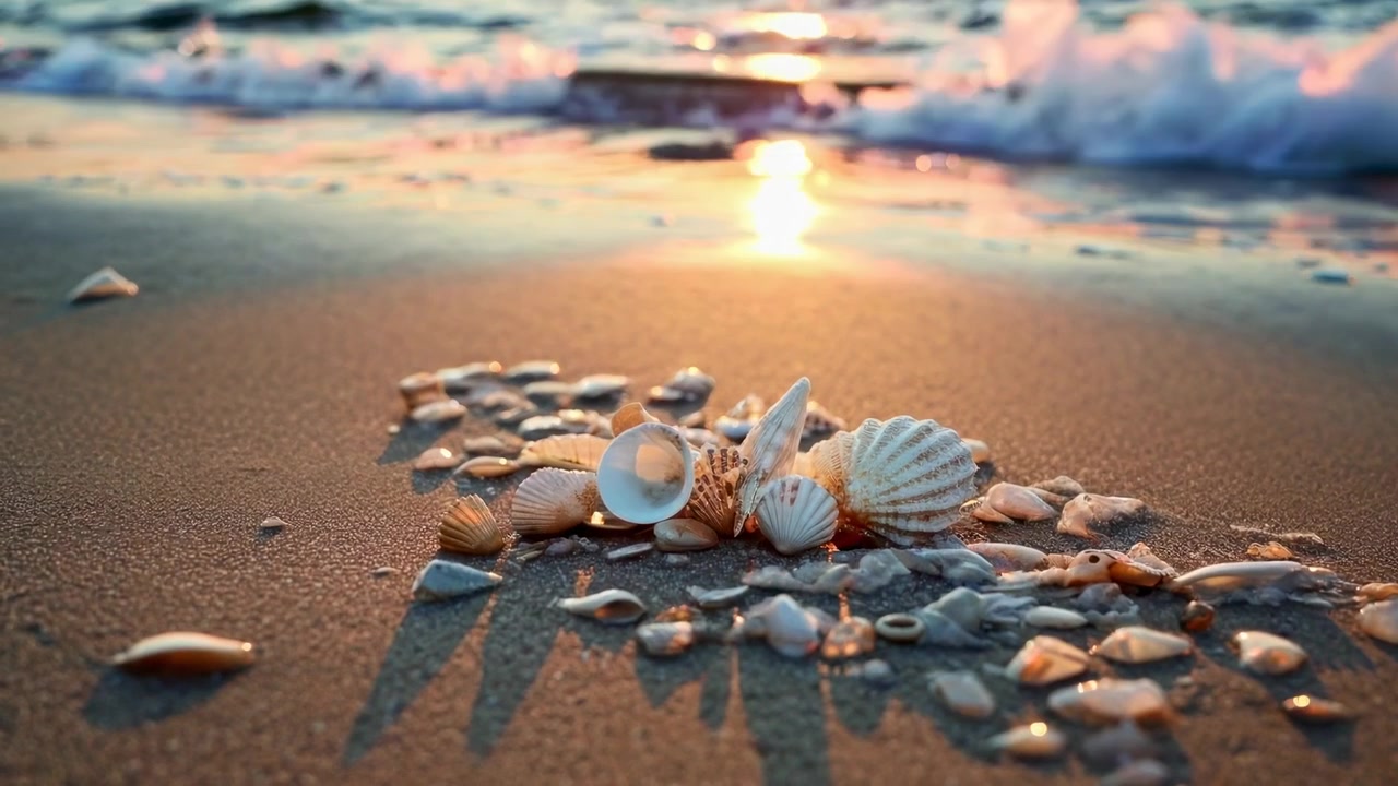 Seashells on Sandy Beach at Sunset