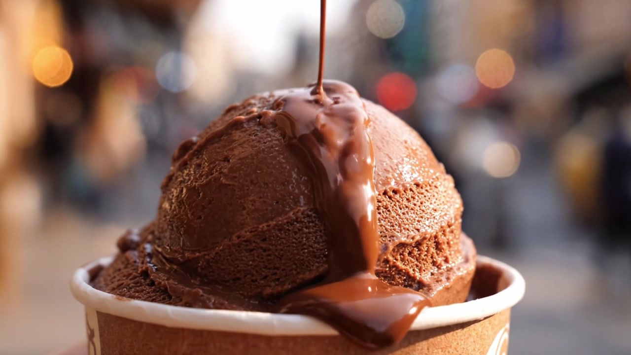 Deliciando-se com uma Experiência Decadente de Sorvete de Chocolate: A Calda Rica de Chocolate Derramada Sobre uma Bola Cremosa de Chocolate Tenta os Amantes de Sobremesas