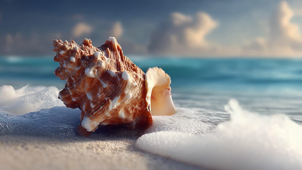A Beautifully Detailed Shell on the Shoreline Amidst Gentle Waves, Capturing the Tranquil Essence of Nature and the Ocean's Serenity
