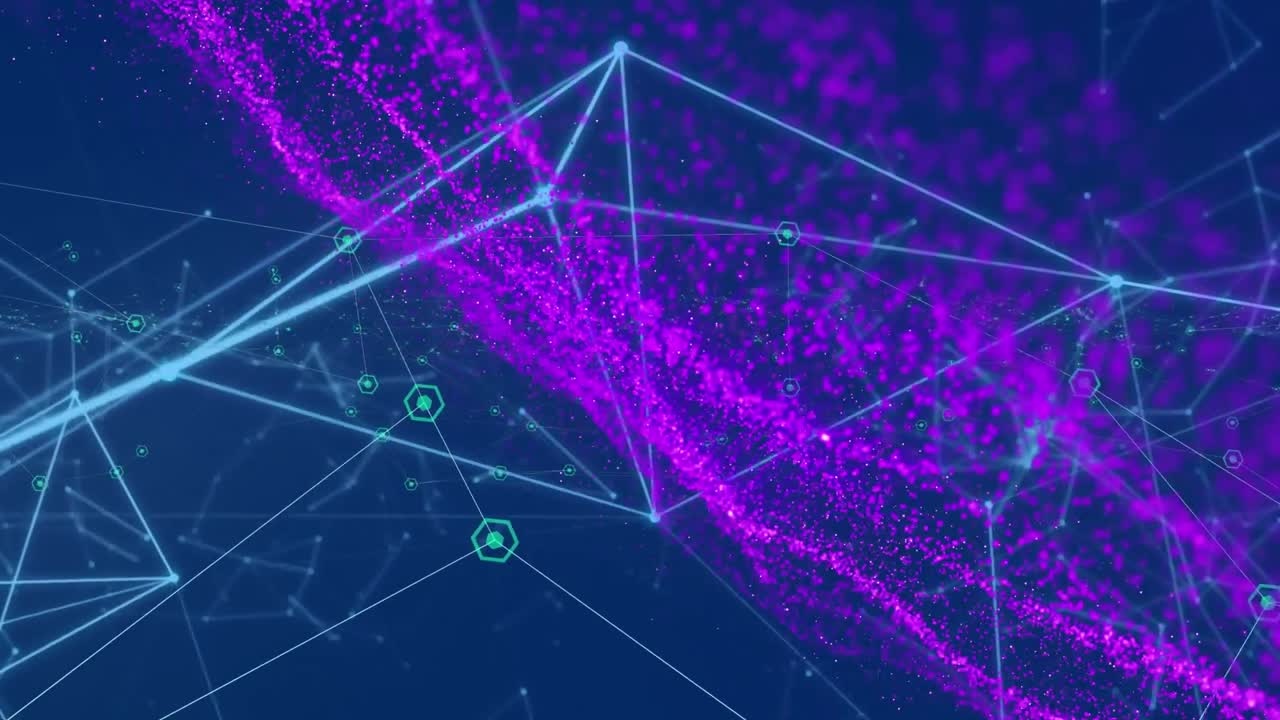 Animation of network of connections with glowing purple mesh