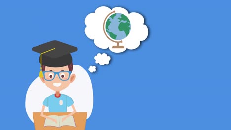 animación de un escolar con sombrero de graduación con burbuja de habla sobre fondo azul