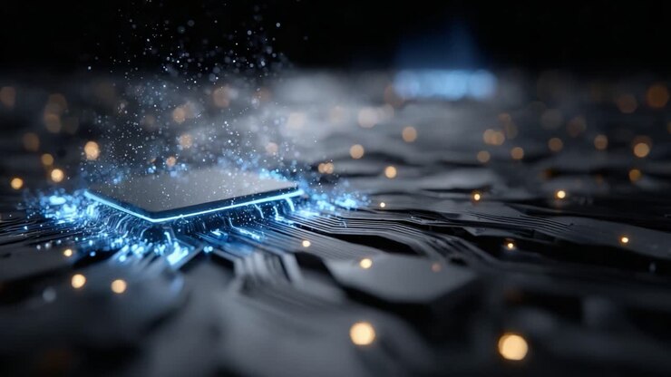 Exploring the Intricacies of a Futuristic Circuit Board Emerging from a Dark Background, with Glowing Particles and Fluid Motion Captured in Two Stunning Frames