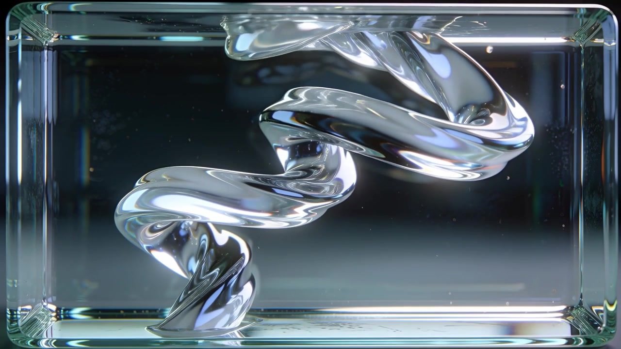 Rotating transparent helix inside clear rectangular block unfolding on mirror base, lights shifting