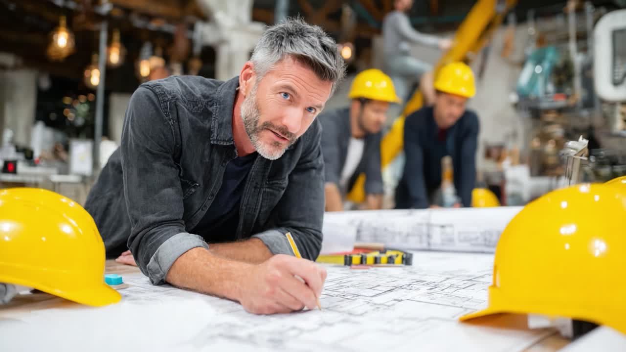 A Construction Professional Analyzing Blueprints at a Job Site with Colleagues, Emphasizing Teamwork and Planning for an Ongoing Project
