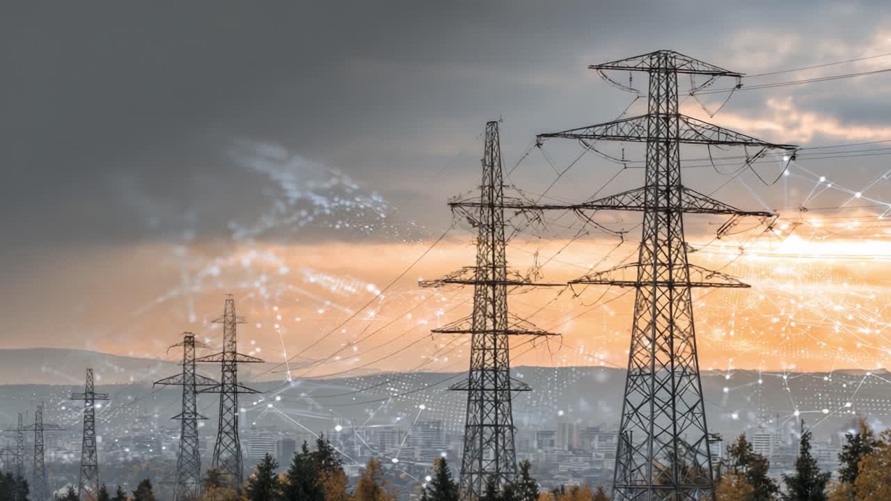 劇的な夕焼け空を背景にした高電圧送電線、エネルギーインフラとその現代都市景観における役割を表現
