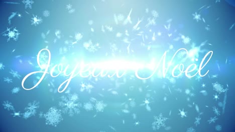 animation of joyeux noel text over snow falling on blue background