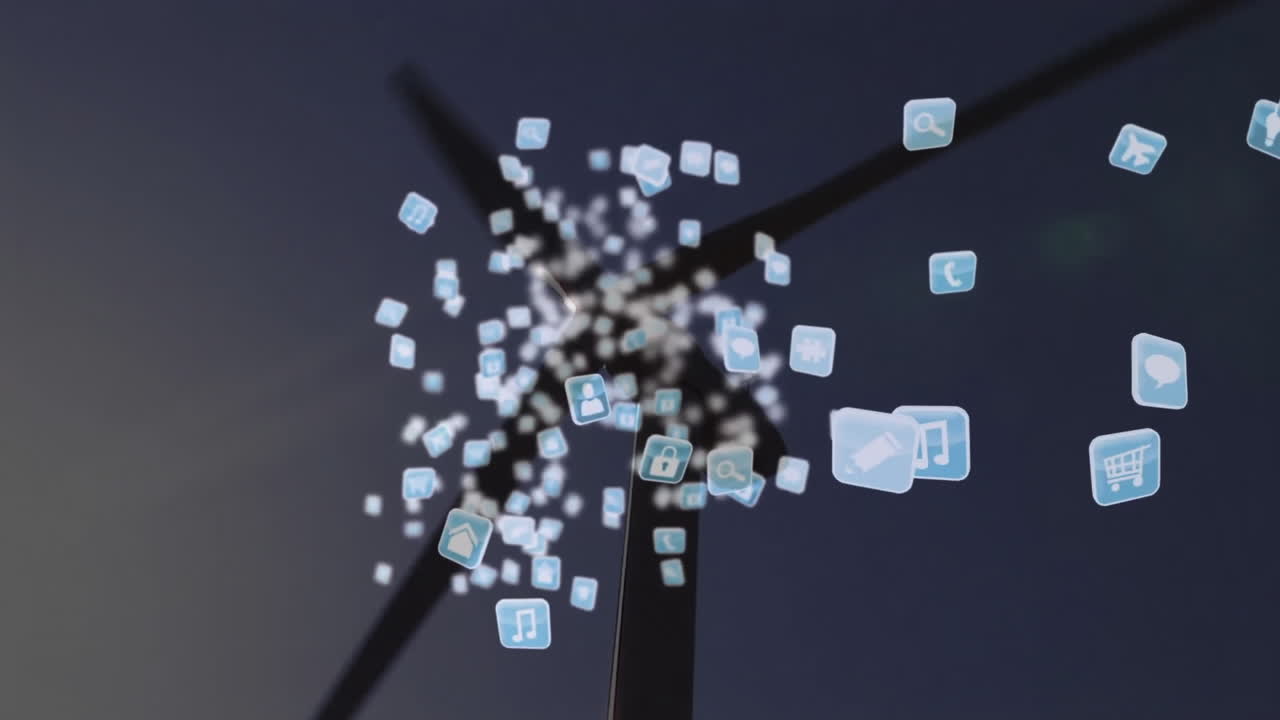 Wind turbine hub emitting floating blue app icons in dark gradient scene, forming digital network
