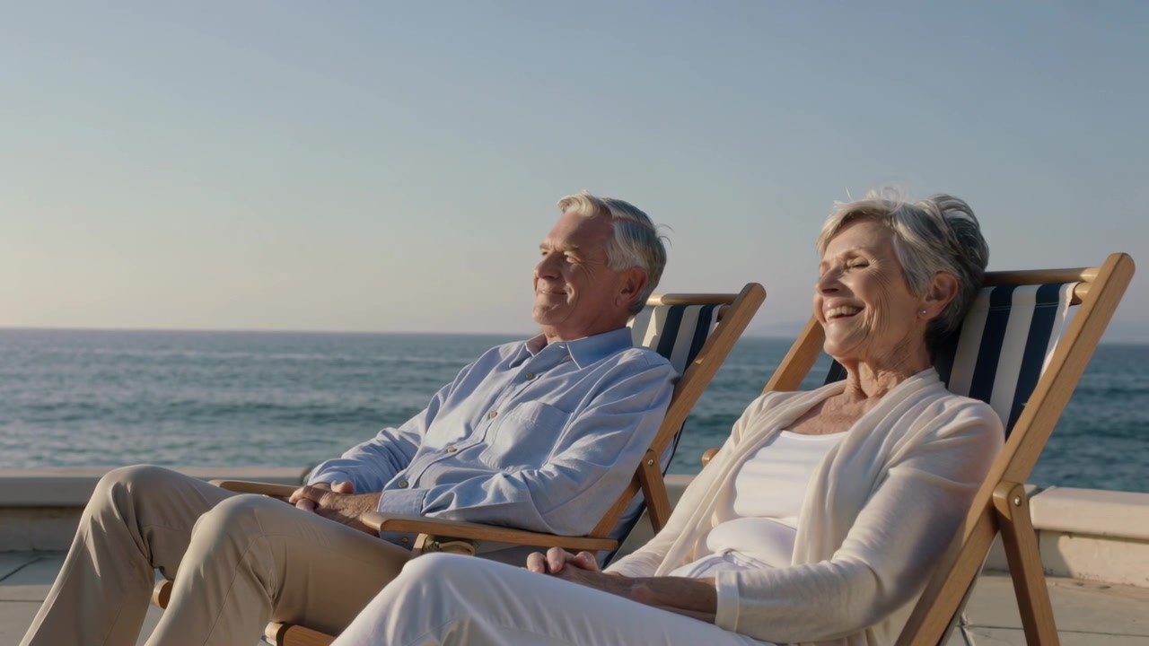 Pareja mayor tomando el sol, relajándose en una terraza con vistas al mar en sillas a rayas, vistiendo camisa azul y cárdigan