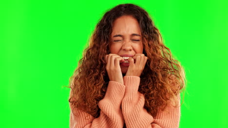 stress, woman and biting nails in green screen