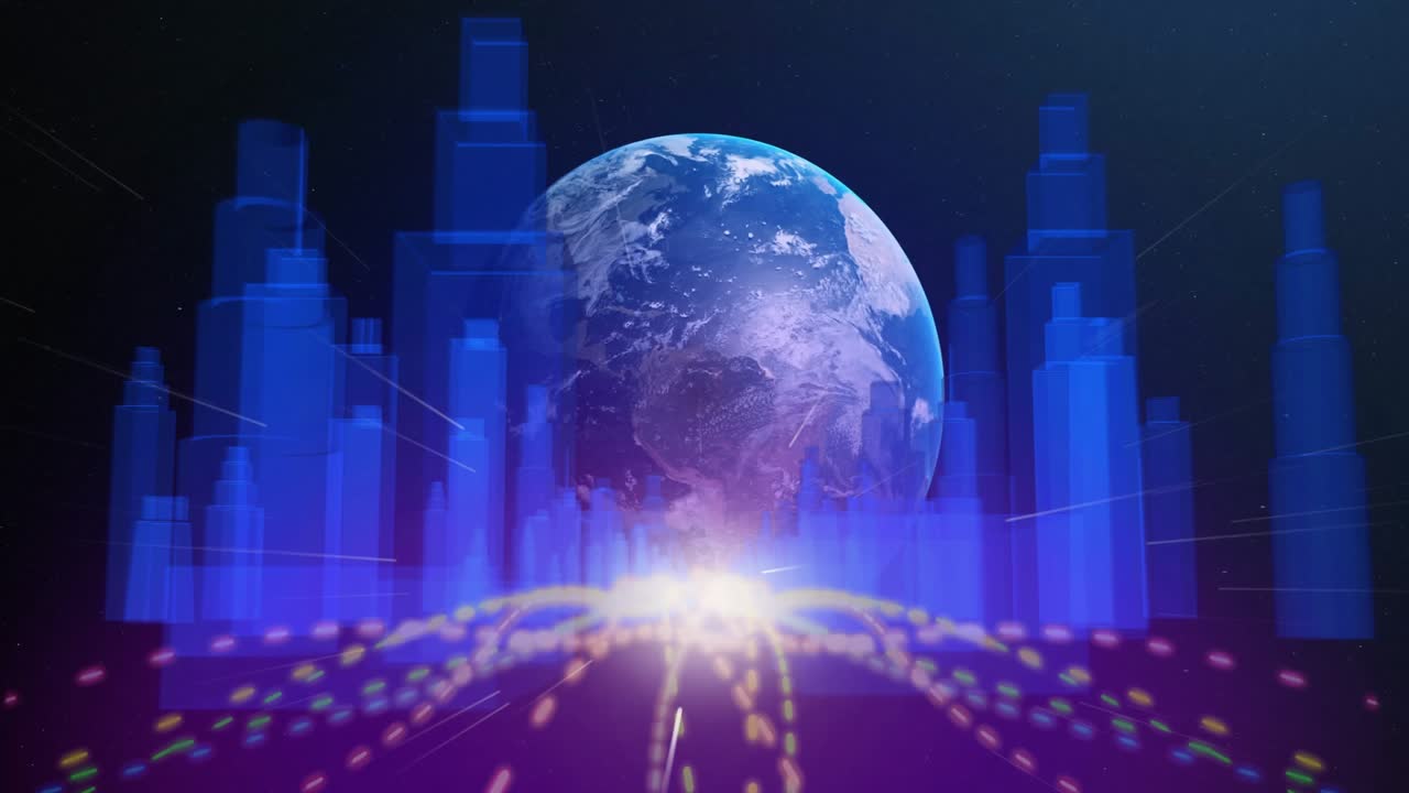 Starry backdrop starting yellow lights streaming inward grid globe rising rotating visualizing data
