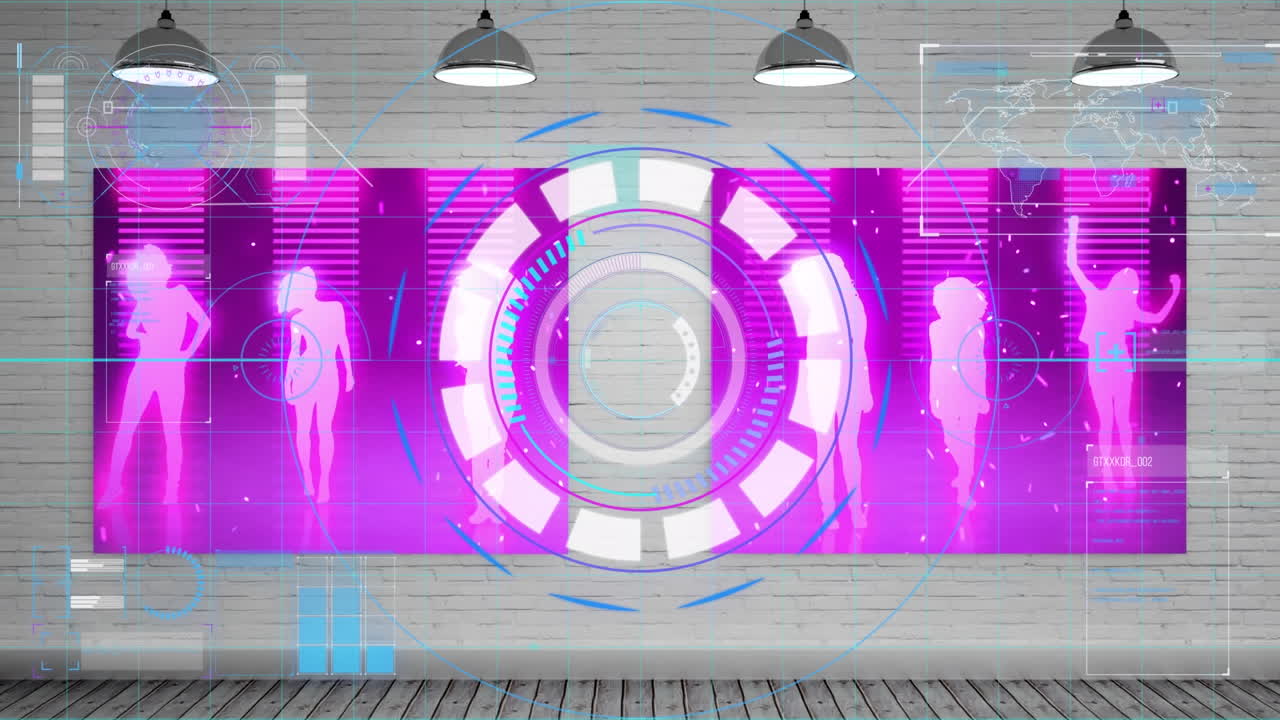 회색 배경에 춤추는 사람들의 실루 ⁇ 에 대한 스 ⁇  스캐닝과 데이터 처리 애니메이션