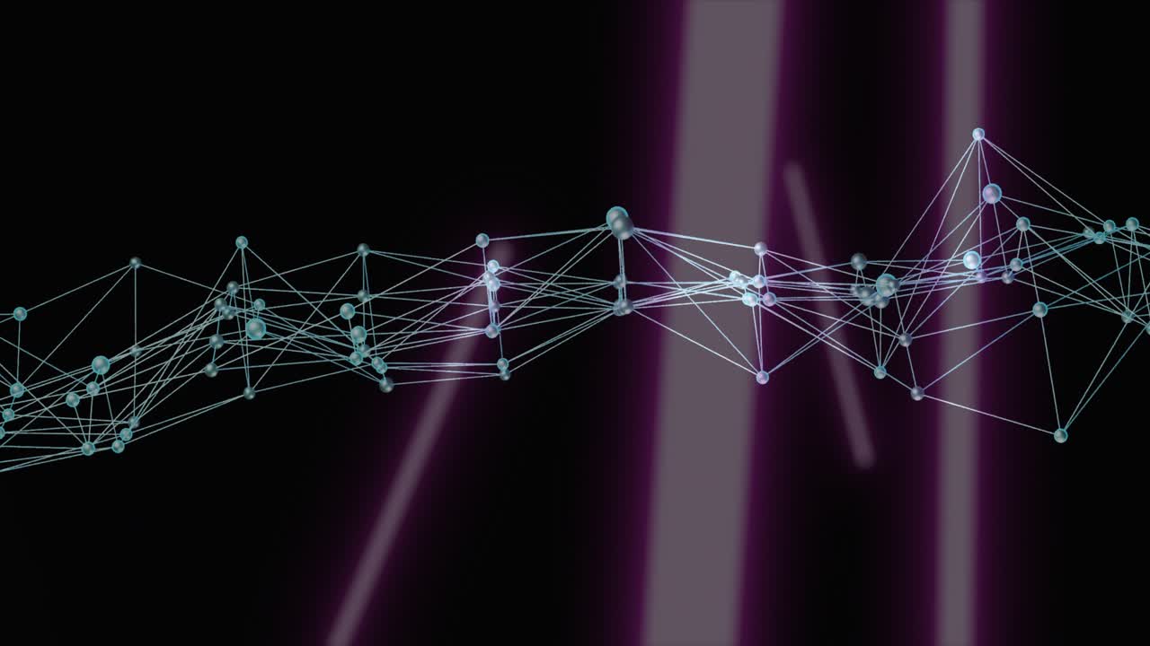 Teal mesh undulating while purple beams emerging left and center shifting right lighting nodes
