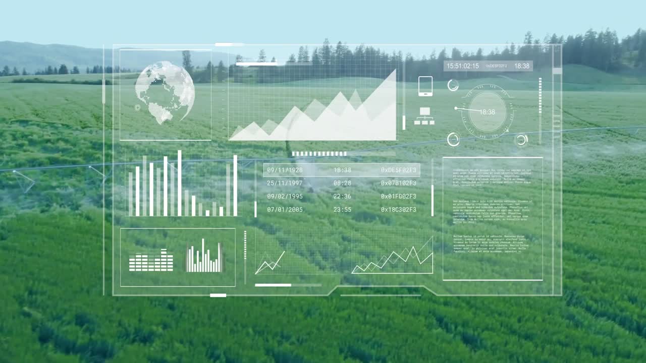 Center pivot irrigation system rotating over crops, overlaying digital charts graphs and tables