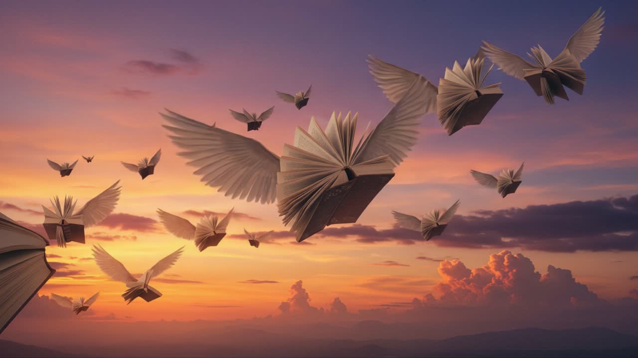 A Whimsical Flight: Enchanting Books Transform into Majestic Birds against a Stunning Sunset Sky, Blending Imagination and Nature in Perfect Harmony