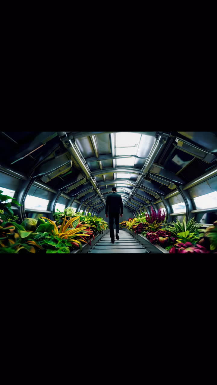 hombre caminando a través de un túnel futurista lleno de plantas